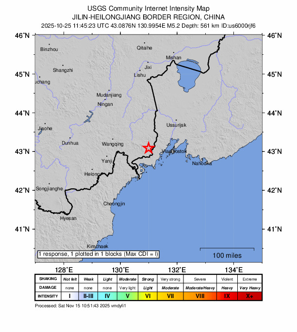USGS DYFI community-reported intensity map for the M5.2 earthquake near 40 km NW of Slavyanka, Russia