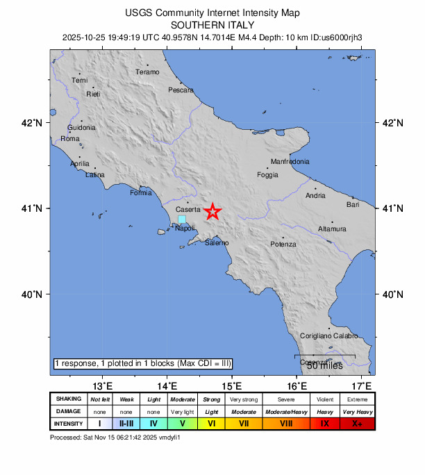 USGS DYFI community-reported intensity map for the M4.4 earthquake near 3 km WNW of Summonte, Italy