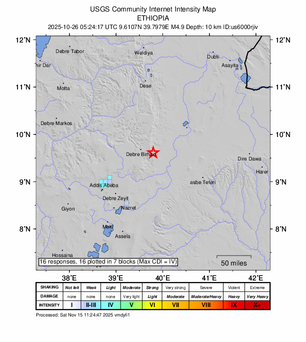 USGS DYFI community-reported intensity map for the M4.9 earthquake near 26 km S of Debre Sīna, Ethiopia