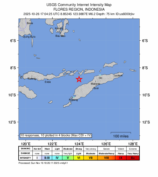 USGS DYFI community-reported intensity map for the M6.2 earthquake near 57 km NW of Pante Makasar, Timor Leste
