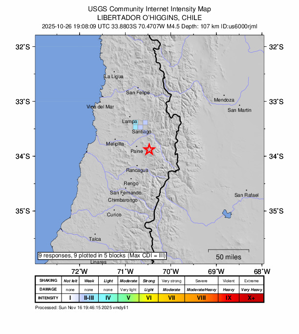 USGS DYFI community-reported intensity map for the M4.5 earthquake near 26 km ESE of Paine, Chile