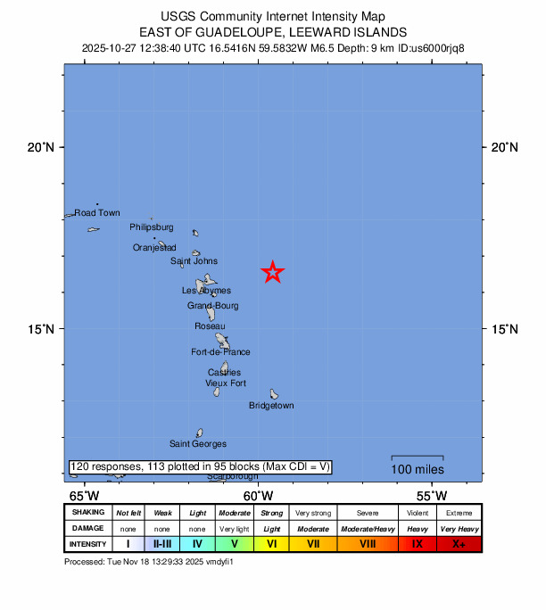 USGS DYFI community-reported intensity map for the M6.5 earthquake near 164 km E of Beauséjour, Guadeloupe