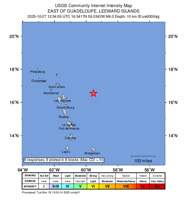 USGS DYFI community-reported intensity map for the M5.7 earthquake near 166 km E of Beauséjour, Guadeloupe