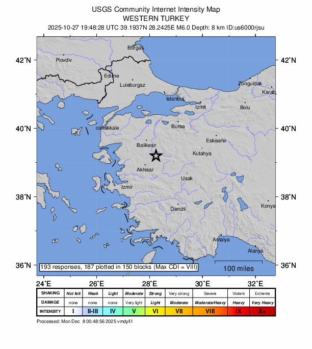 USGS DYFI community-reported intensity map for the M6.0 earthquake near 7 km SE of Sındırgı, Turkey