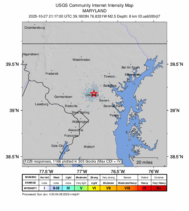 USGS DYFI community-reported intensity map for the M2.5 earthquake near 4 km E of Riverside, Maryland