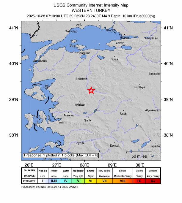 USGS DYFI community-reported intensity map for the M4.9 earthquake near 7 km ESE of Sındırgı, Turkey