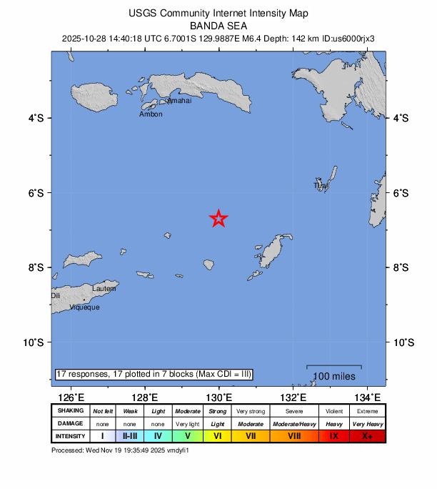 USGS DYFI community-reported intensity map for the M6.4 earthquake near Banda Sea