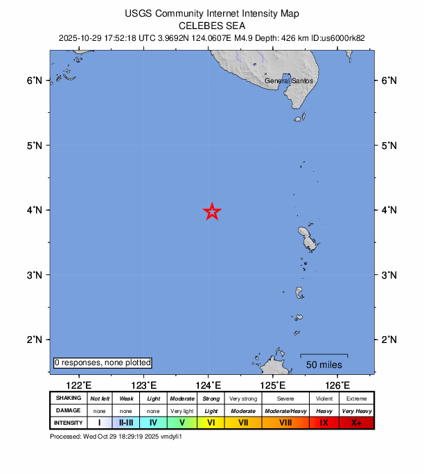 USGS DYFI community-reported intensity map for the M4.8 earthquake near 217 km SW of Sarangani, Philippines