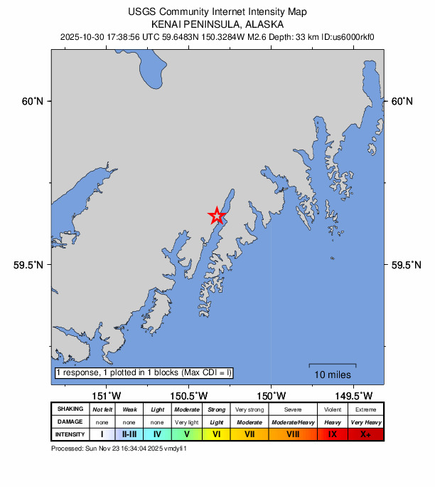 USGS DYFI community-reported intensity map for the M2.6 earthquake near 42 km ESE of Fox River, Alaska