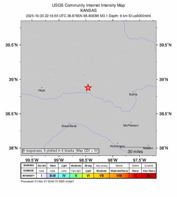 USGS DYFI community-reported intensity map for the M3.1 earthquake near 5 km NNE of Wilson, Kansas
