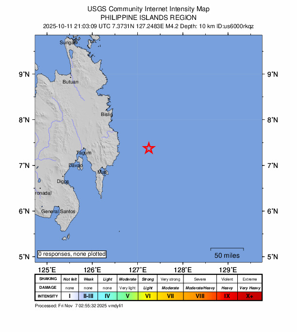 USGS DYFI community-reported intensity map for the M4.2 earthquake near 73 km E of Baculin, Philippines
