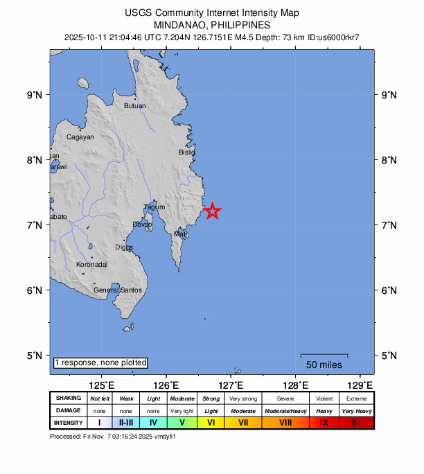 USGS DYFI community-reported intensity map for the M4.5 earthquake near 18 km ESE of Santiago, Philippines
