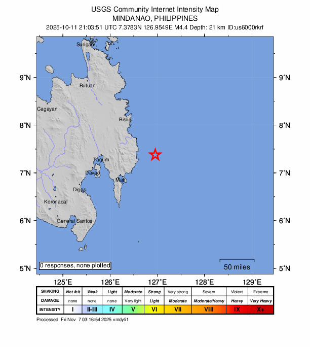USGS DYFI community-reported intensity map for the M4.3 earthquake near 29 km ESE of Baculin, Philippines