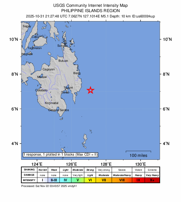 USGS DYFI community-reported intensity map for the M5.1 earthquake near 63 km ESE of Santiago, Philippines