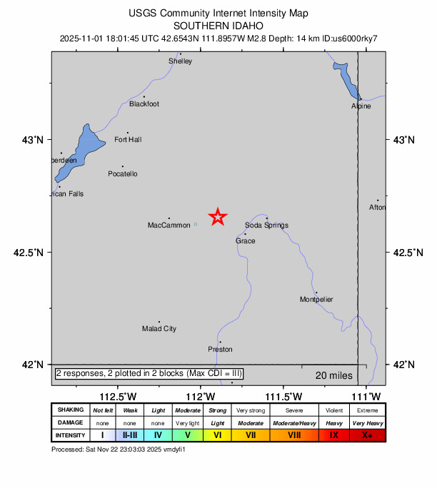 USGS DYFI community-reported intensity map for the M2.8 earthquake near 6 km SSW of Bancroft, Idaho