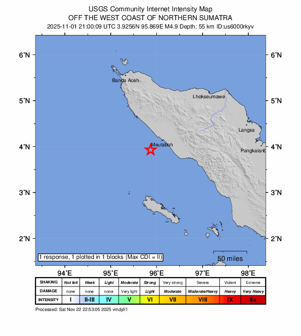 USGS DYFI community-reported intensity map for the M4.9 earthquake near 37 km SW of Meulaboh, Indonesia