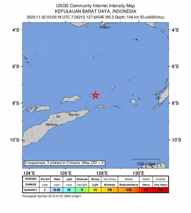 USGS DYFI community-reported intensity map for the M5.2 earthquake near 126 km NE of Lospalos, Timor Leste