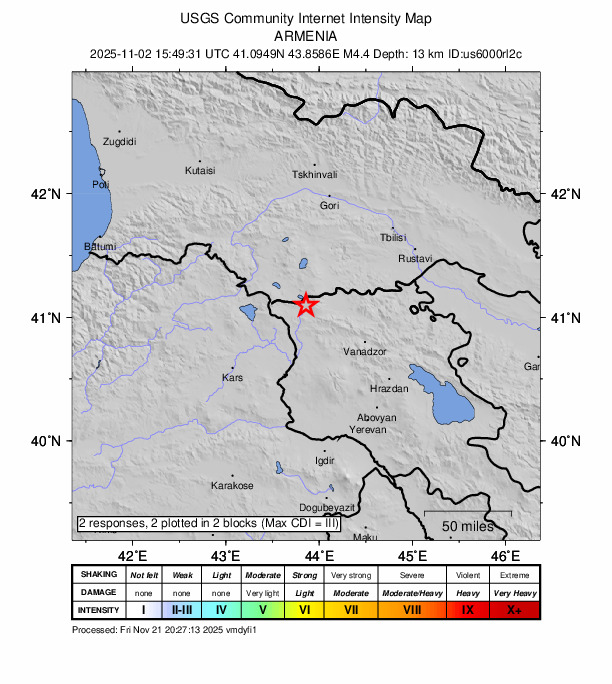 USGS DYFI community-reported intensity map for the M4.4 earthquake near 16 km NNE of Amasia, Armenia