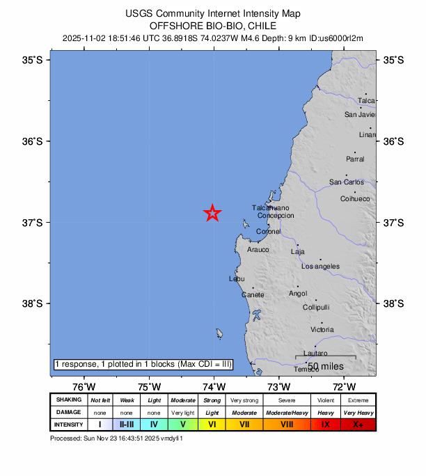 USGS DYFI community-reported intensity map for the M4.6 earthquake near 77 km WNW of Arauco, Chile
