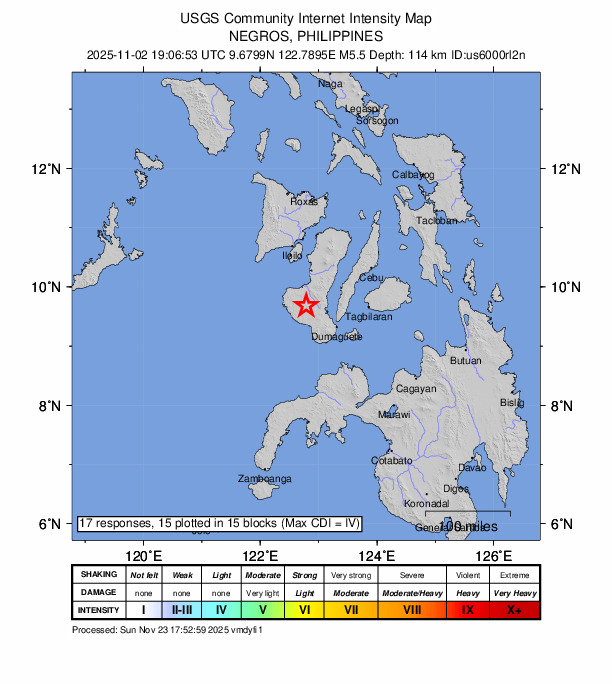 USGS DYFI community-reported intensity map for the M5.5 earthquake near 13 km WSW of Mabinay, Philippines