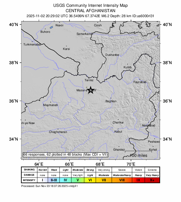 USGS DYFI community-reported intensity map for the M6.2 earthquake near 30 km SE of Mazār-e Sharīf, Afghanistan