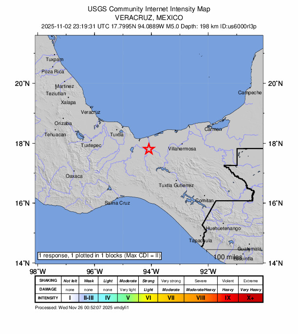 USGS DYFI community-reported intensity map for the M5.0 earthquake near 17 km SW of Las Choapas, Mexico