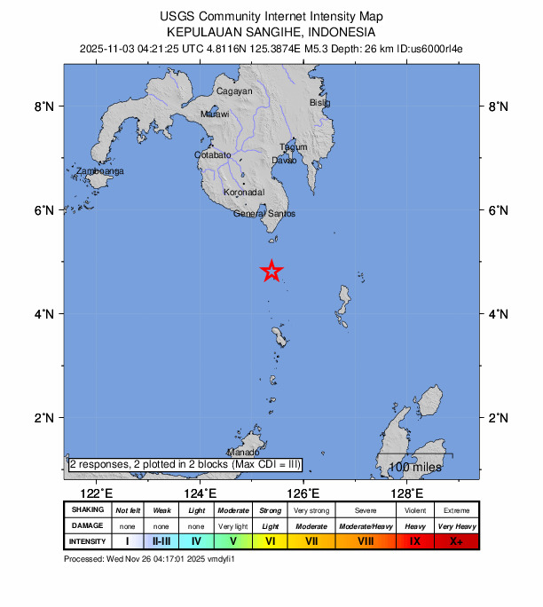 USGS DYFI community-reported intensity map for the M5.3 earthquake near 65 km S of Sarangani, Philippines