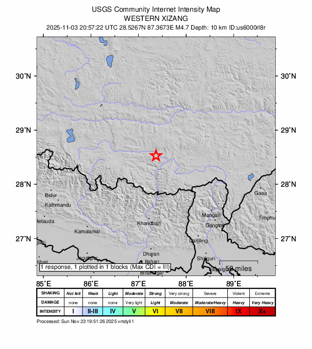 USGS DYFI community-reported intensity map for the M4.7 earthquake near 84 km NE of Lobuche, Nepal