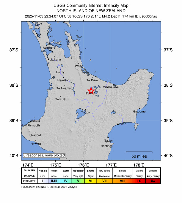 USGS DYFI community-reported intensity map for the M4.4 earthquake near 4 km SE of Ohinemutu, New Zealand