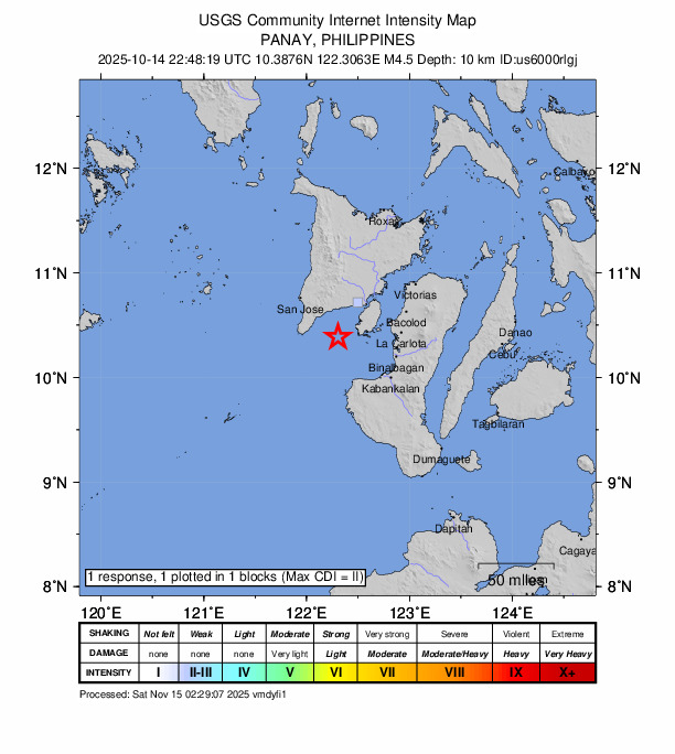 USGS DYFI community-reported intensity map for the M4.5 earthquake near 23 km W of La Paz, Philippines