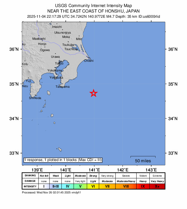USGS DYFI community-reported intensity map for the M4.7 earthquake near 76 km SE of Shinmachi, Japan