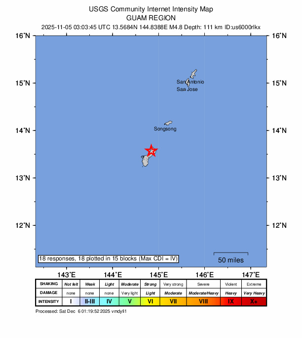 USGS DYFI community-reported intensity map for the M4.8 earthquake near 5 km N of Dededo Village, Guam