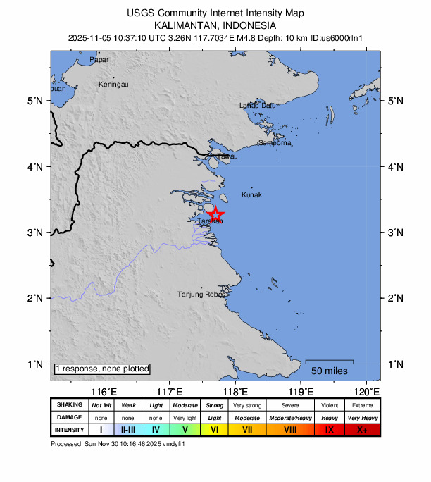 USGS DYFI community-reported intensity map for the M4.8 earthquake near 16 km SE of Tarakan, Indonesia