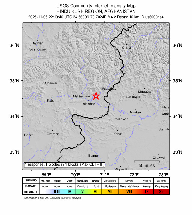 USGS DYFI community-reported intensity map for the M4.2 earthquake near 27 km NE of Jalālābād, Afghanistan