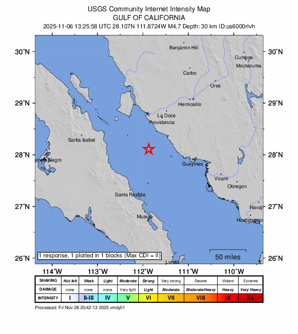 USGS DYFI community-reported intensity map for the M4.7 earthquake near 78 km NNE of Santa Rosalía, Mexico