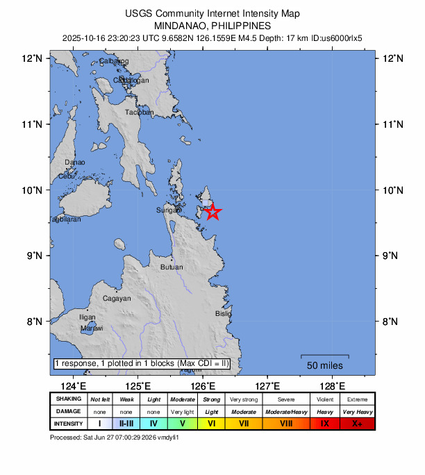 USGS DYFI community-reported intensity map for the M4.5 earthquake near 11 km SSE of Union, Philippines