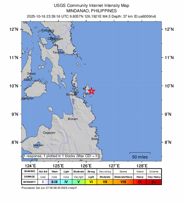 USGS DYFI community-reported intensity map for the M4.5 earthquake near 10 km ENE of Union, Philippines