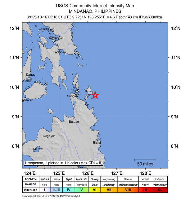 USGS DYFI community-reported intensity map for the M4.6 earthquake near 16 km ESE of Union, Philippines
