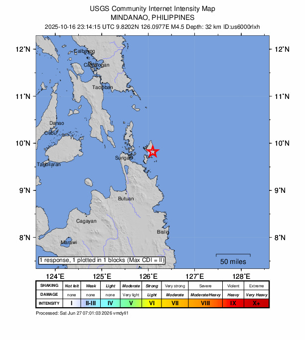 USGS DYFI community-reported intensity map for the M4.5 earthquake near 4 km S of Pilar, Philippines
