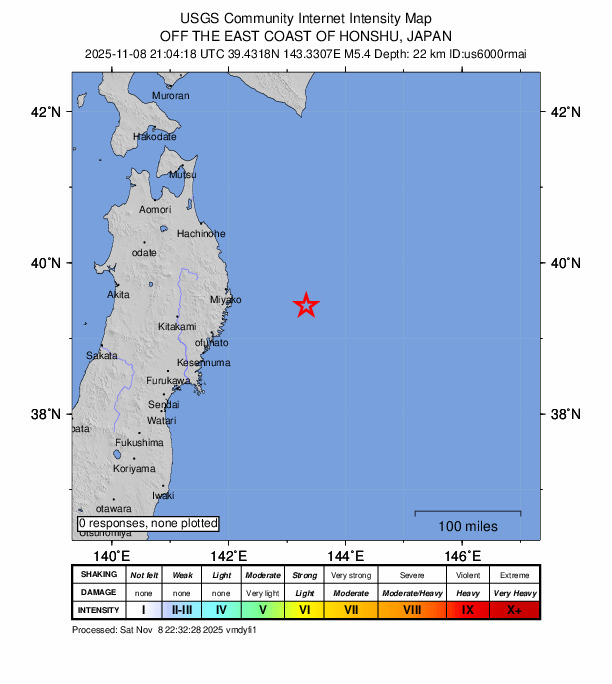USGS DYFI community-reported intensity map for the M5.4 earthquake near 119 km E of Yamada, Japan