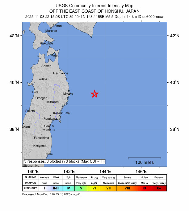 USGS DYFI community-reported intensity map for the M5.6 earthquake near 126 km E of Yamada, Japan