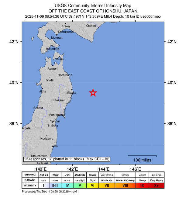 USGS DYFI community-reported intensity map for the M6.4 earthquake near 117 km E of Yamada, Japan