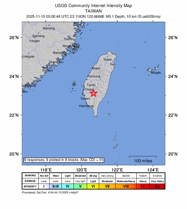 USGS DYFI community-reported intensity map for the M5.1 earthquake near 21 km E of Yujing, Taiwan