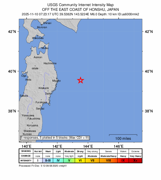 USGS DYFI community-reported intensity map for the M6.0 earthquake near 129 km E of Yamada, Japan