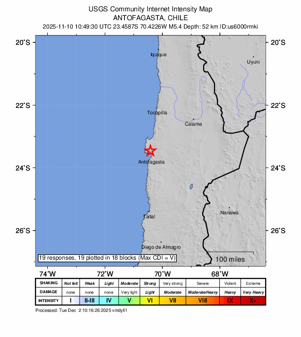 USGS DYFI community-reported intensity map for the M5.4 earthquake near 21 km N of Antofagasta, Chile