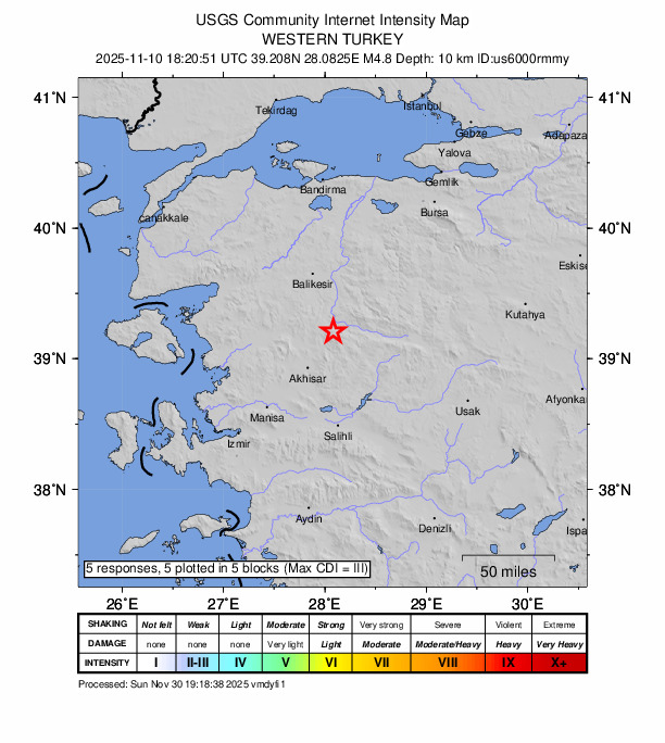 USGS DYFI community-reported intensity map for the M4.8 earthquake near 9 km WSW of Sındırgı, Turkey
