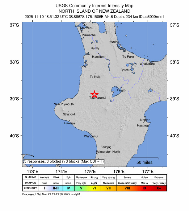 USGS DYFI community-reported intensity map for the M4.6 earthquake near 58 km WNW of Turangi, New Zealand