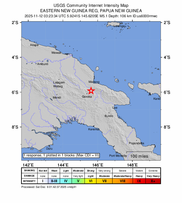 USGS DYFI community-reported intensity map for the M5.1 earthquake near 31 km NE of Goroka, Papua New Guinea