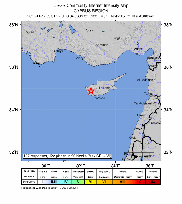 USGS DYFI community-reported intensity map for the M5.2 earthquake near 2 km ENE of Polémi, Cyprus