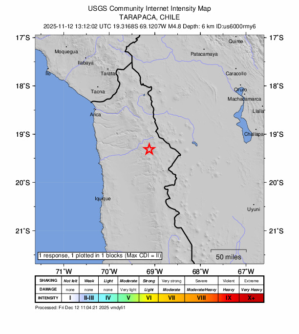 USGS DYFI community-reported intensity map for the M4.8 earthquake near 32 km E of Camiña, Chile